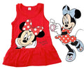 Red dress with Minnie Mouse design and an inset of Minnie Mouse character.