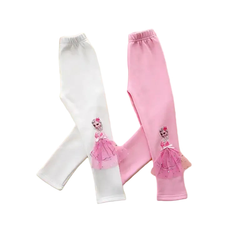 White and pink leg warmers with cartoon character design on a white background