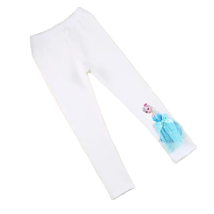 White legging with a blue and pink design on a white background