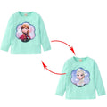 A green baby shirt with a character from the movie Frozen on the front.