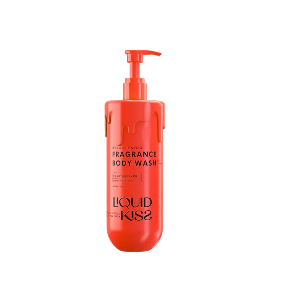 Red bottle of Liquid Kiss fragrance body wash on a gray background