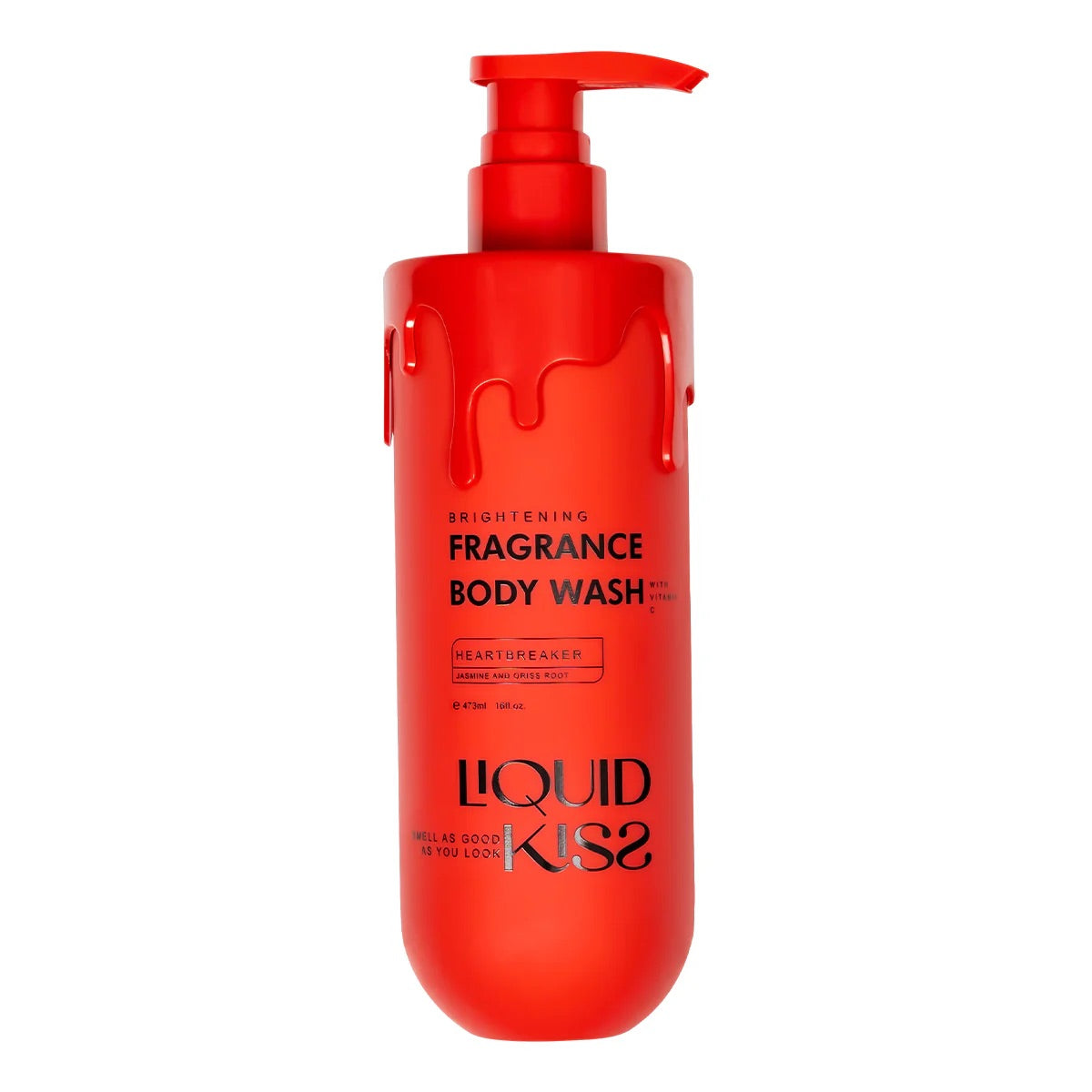 Red bottle of Liquid Kiss fragrance body wash on a white background