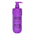 Purple body wash bottle with pump on a white background