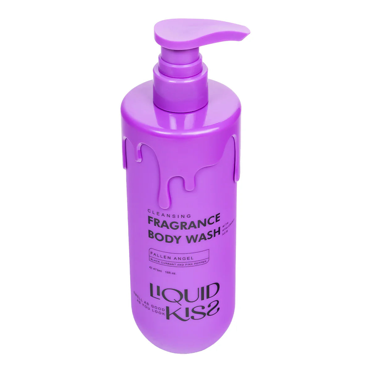 Purple bottle of Liquid Kiss body wash on a white background