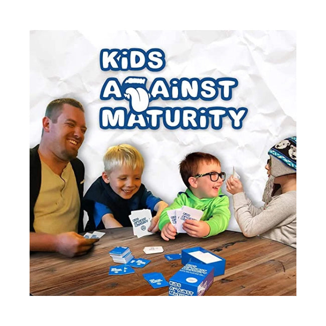 Children playing a card game with text 'Kids Against Maturity' on a white background