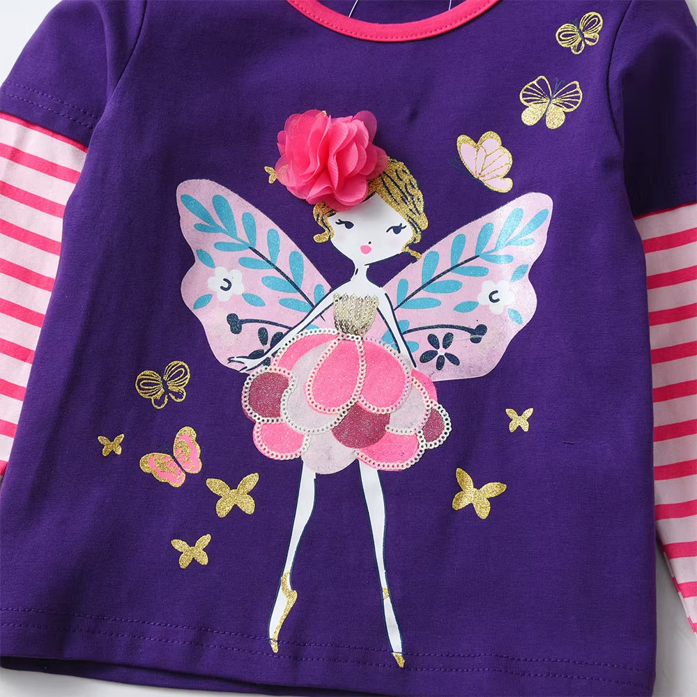 Children's shirt with fairy design and butterfly patterns on a purple background