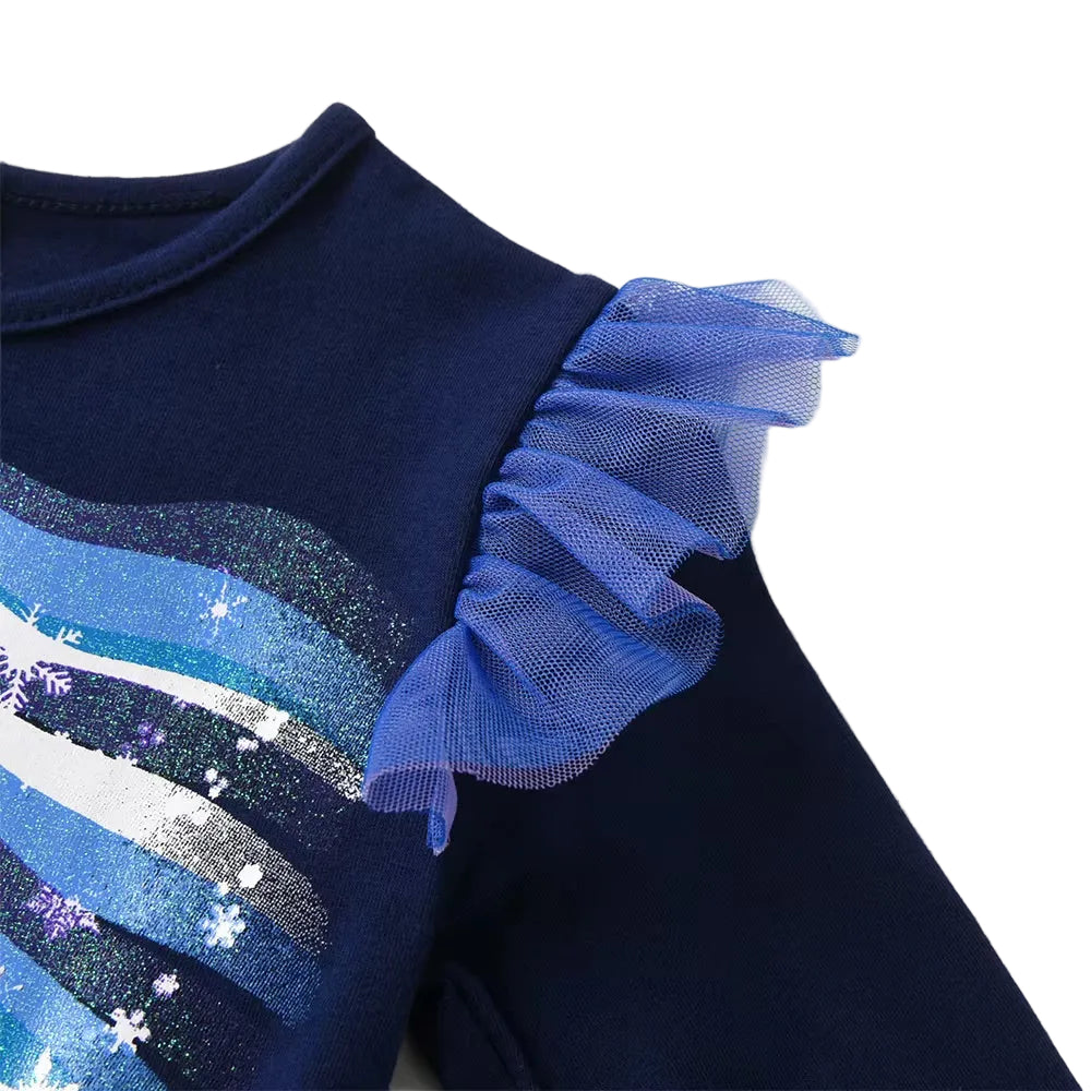 Navy blue outfit with blue ruffled sleeves on a white background