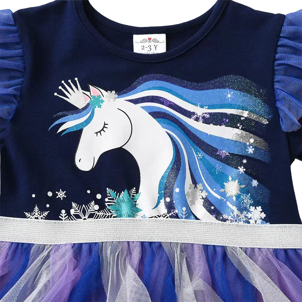 Children's dress with unicorn design on a dark blue background