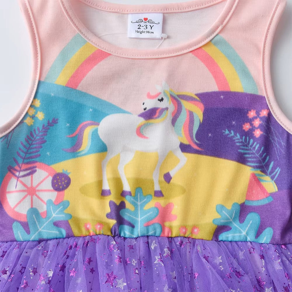Children's dress with unicorn and rainbow design on a pink background