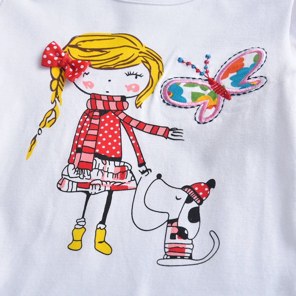 White shirt with a colorful illustration of a girl with a dog and a butterfly.