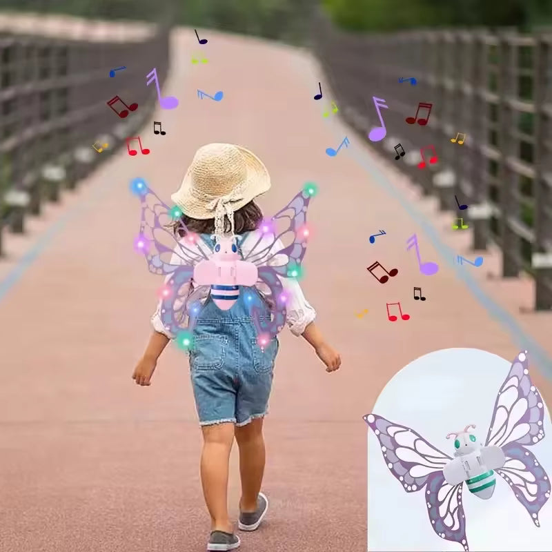 Child wearing butterfly wings and a hat, walking on a path with colorful music notes around.