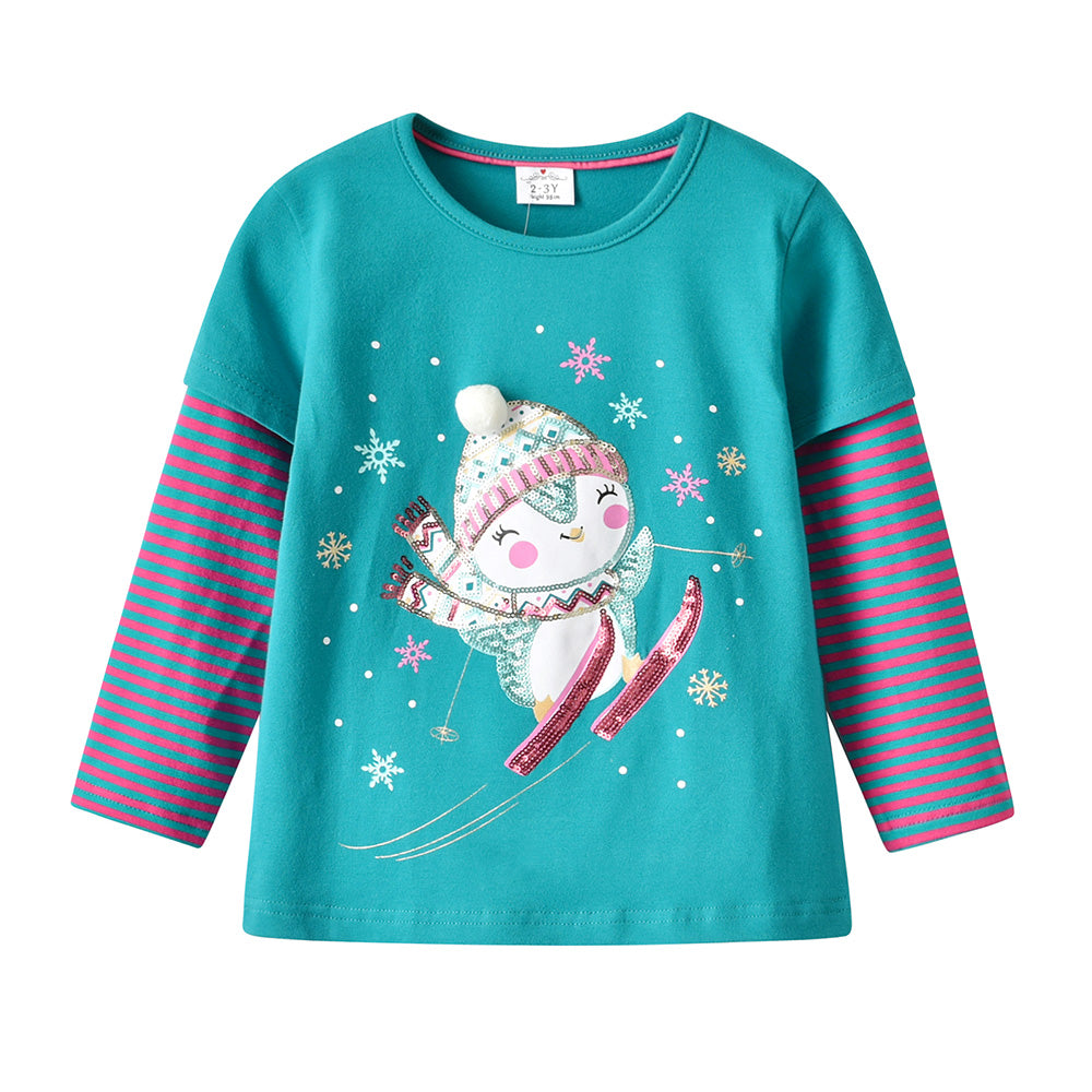 Children's teal long-sleeve shirt with a snowman design on a white background