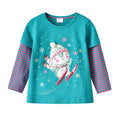 Children's teal long-sleeve shirt with a snowman design on a white background
