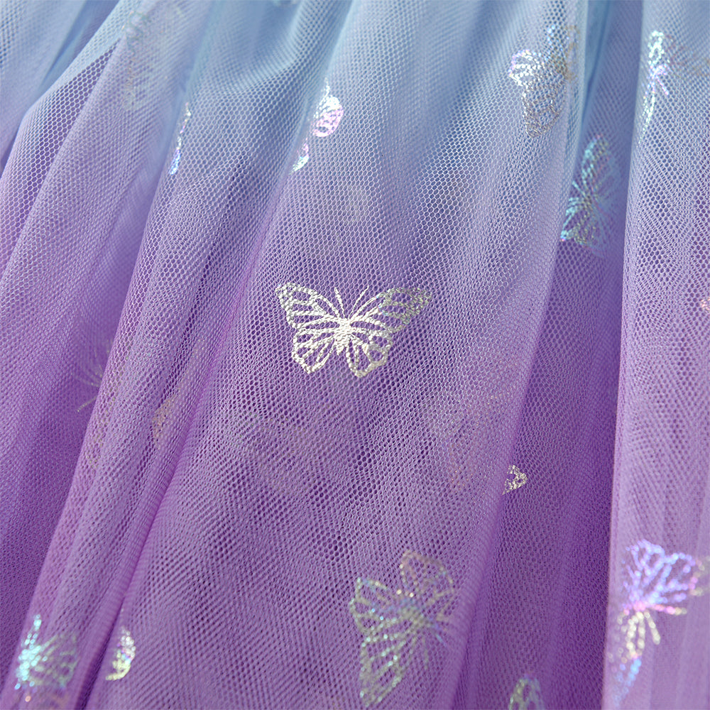 Close-up of purple tulle fabric with metallic butterfly patterns