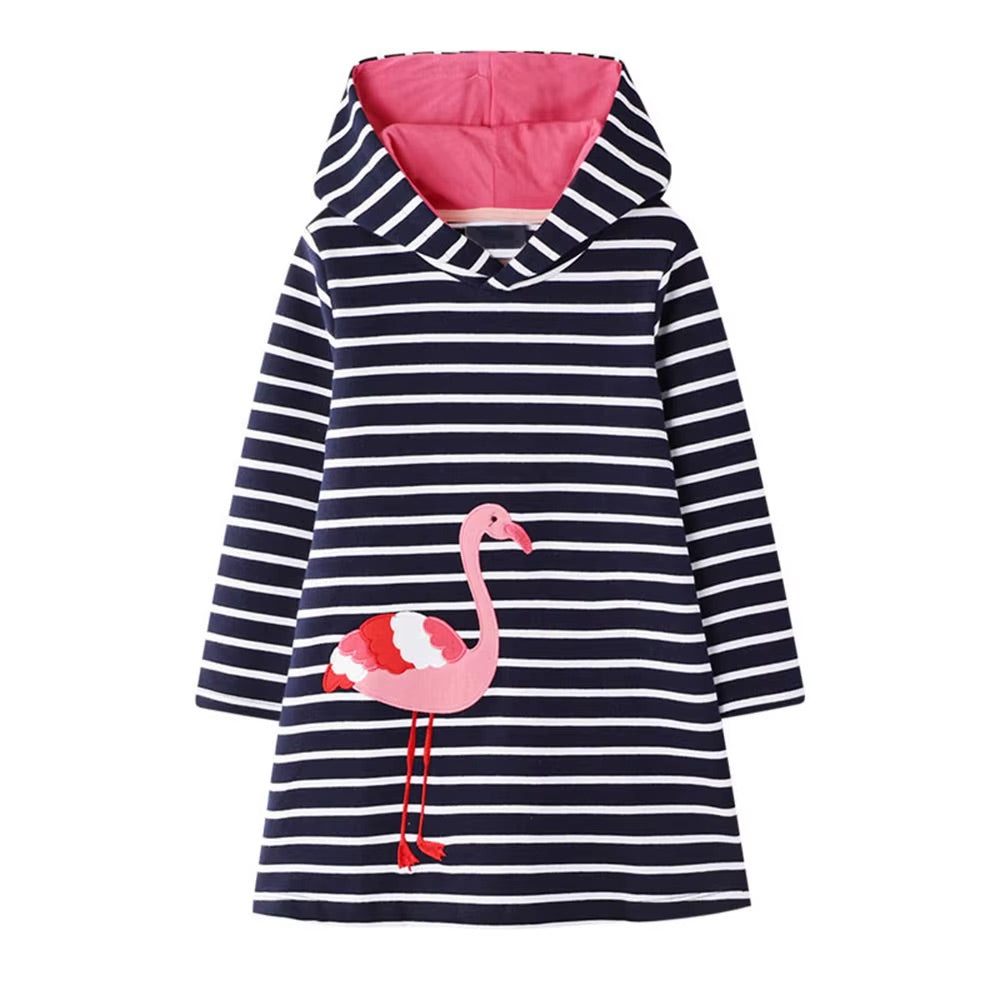 Striped dress with pink flamingo design on a white background
