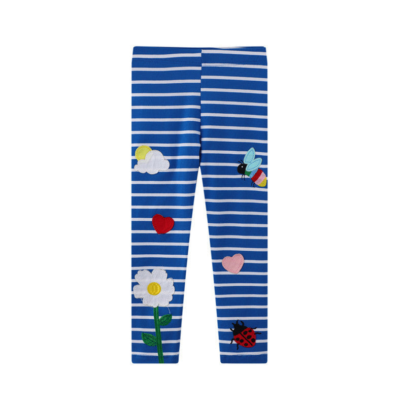 Blue Flower Bird Cotton Pants for Stylish Girls