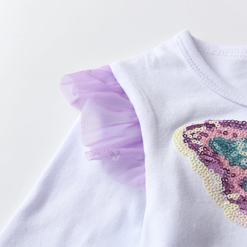 Adorable Butterfly Sequin White And Purple Long Sleeve Cotton Dress