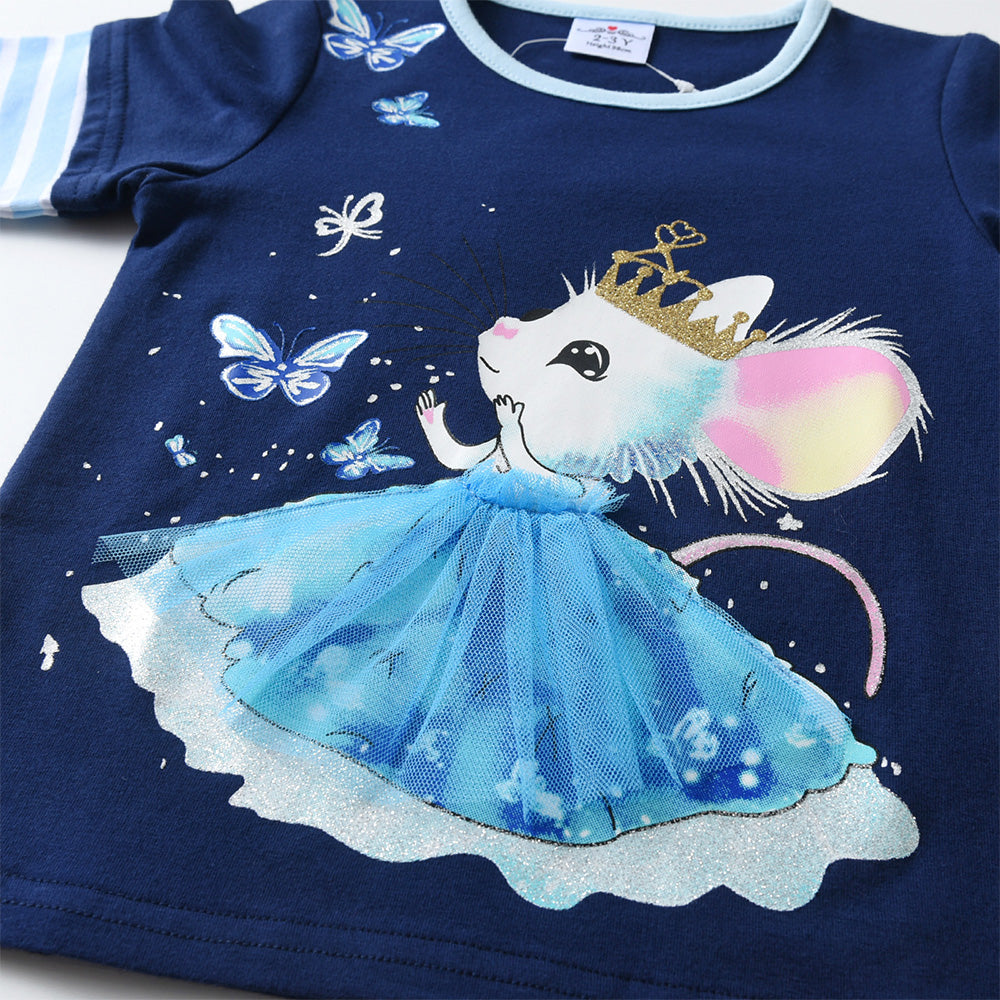Navy blue shirt with a cartoon mouse in a blue dress and crown design.