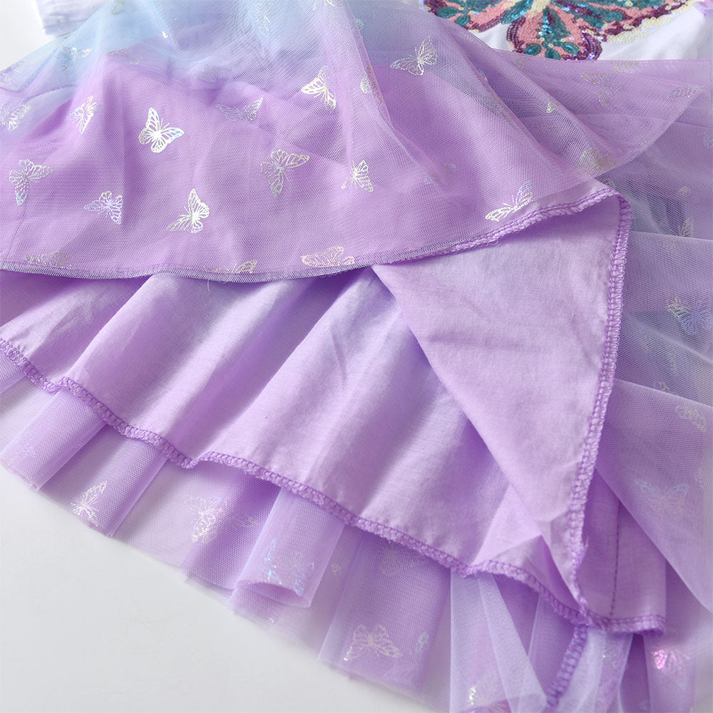 Close-up of a purple embroidered dress with butterfly patterns on a white background
