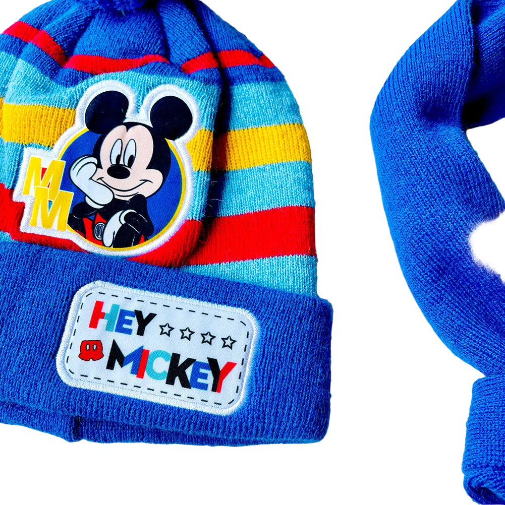 Colorful children's beanie with Mickey Mouse design and 'Hey Mickey' text on a white background