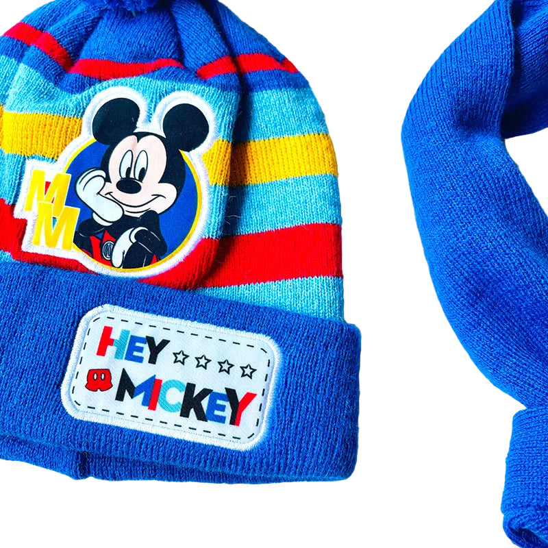 Blue children's hat with Mickey Mouse design and 'Hey Mickey' text on a white background