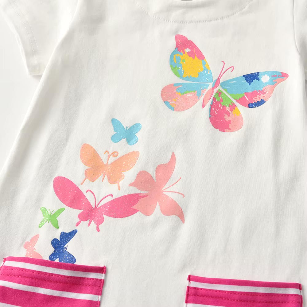 White shirt with colorful butterfly designs on a white background