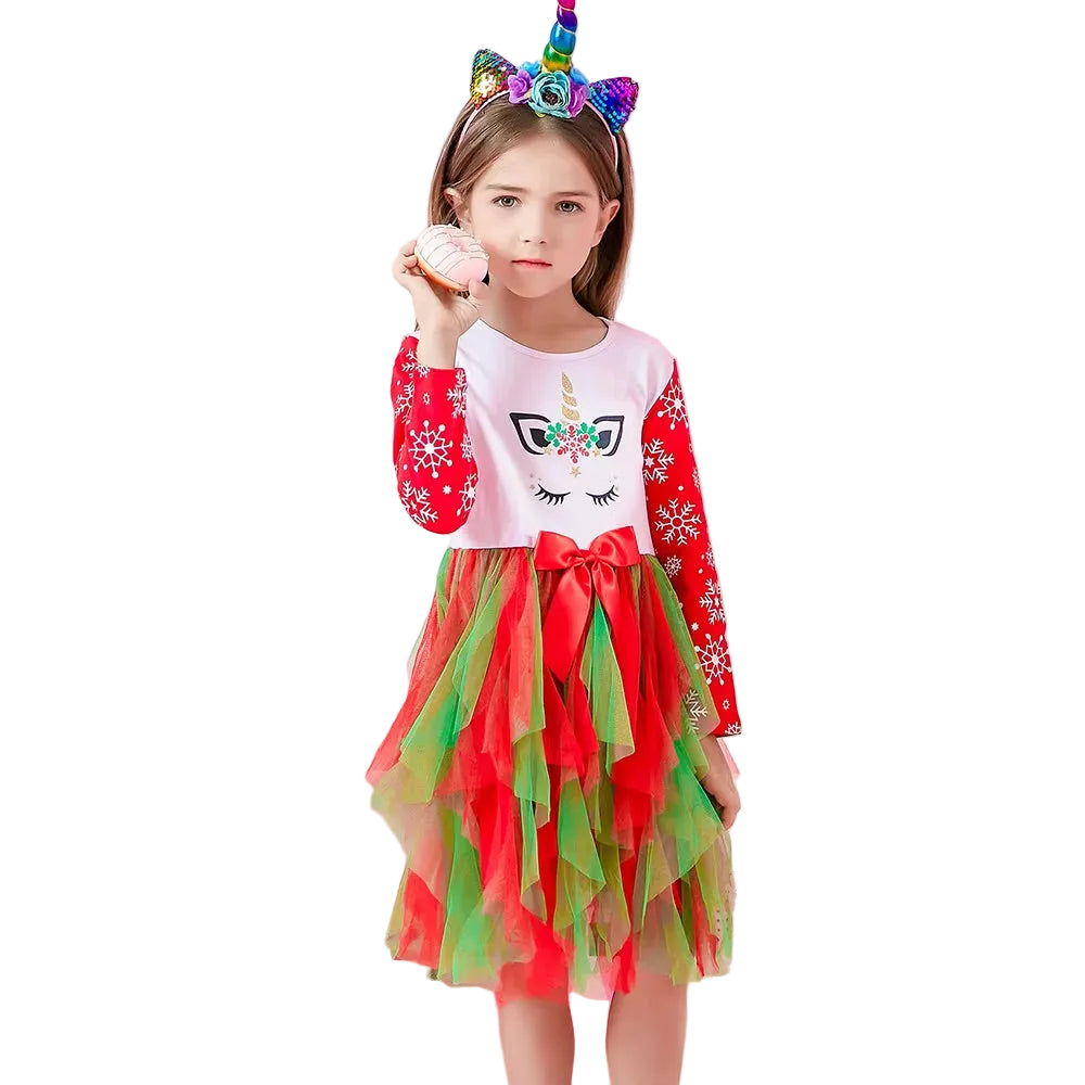 Christmas Snowflake Cotton Mesh Long Sleeve Dress