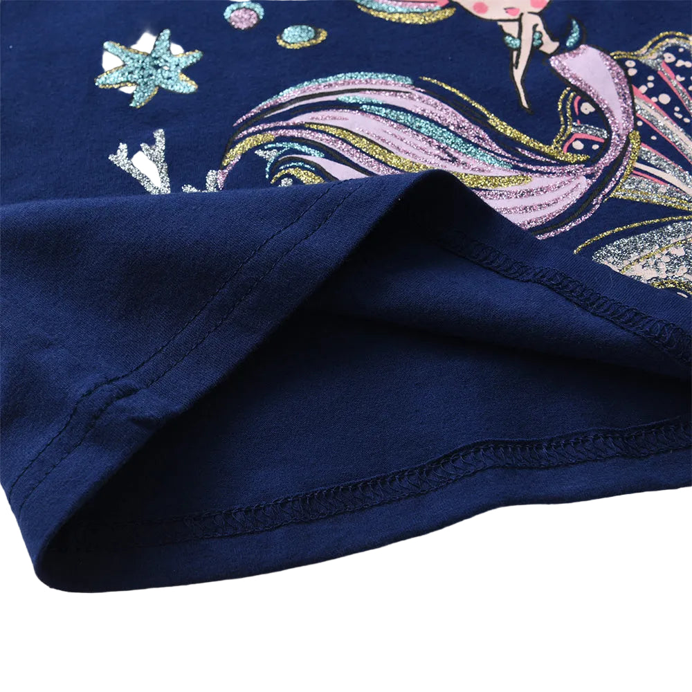 Navy blue fabric with colorful mermaid embroidery on a white background