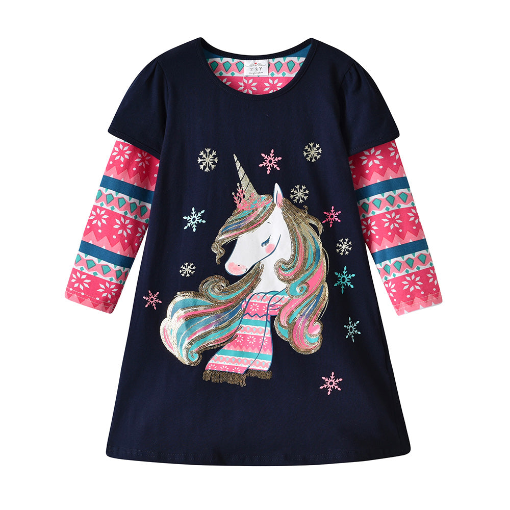 Children's dress with unicorn design on a white background