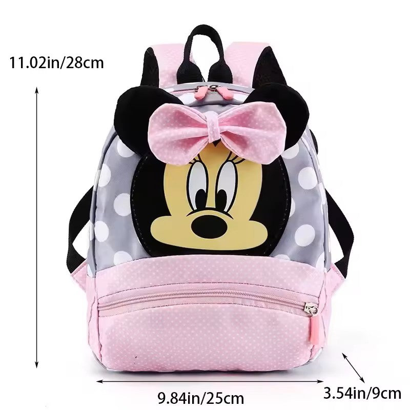 Backpack with cartoon character design and measurements on a white background
