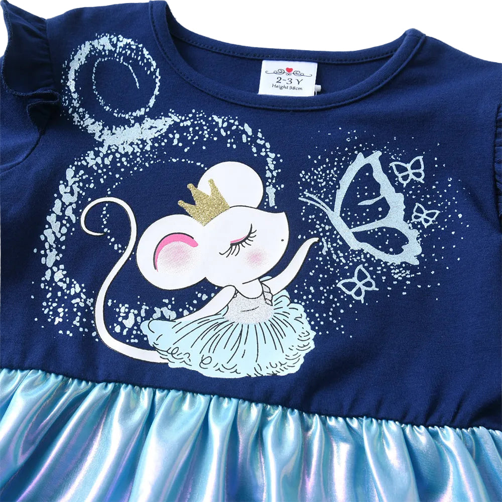 Navy blue dress with a cartoon mouse design and butterfly on a white background