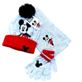Mickey Mouse hat, scarf, and gloves set on a white background
