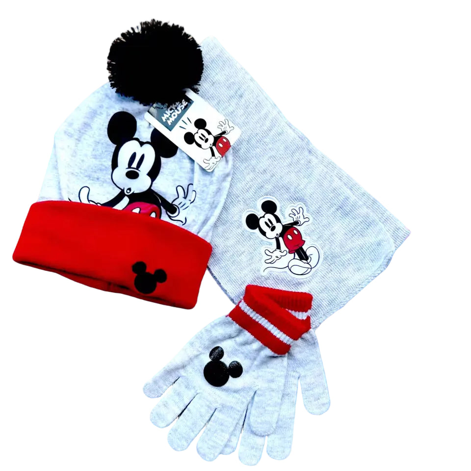 Mickey Mouse hat, scarf, and gloves set on a white background