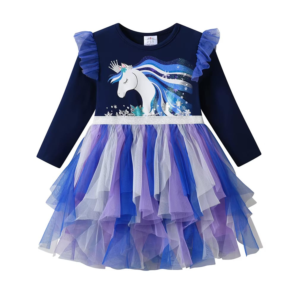 Navy blue dress with unicorn design and ruffled sleeves on a white background