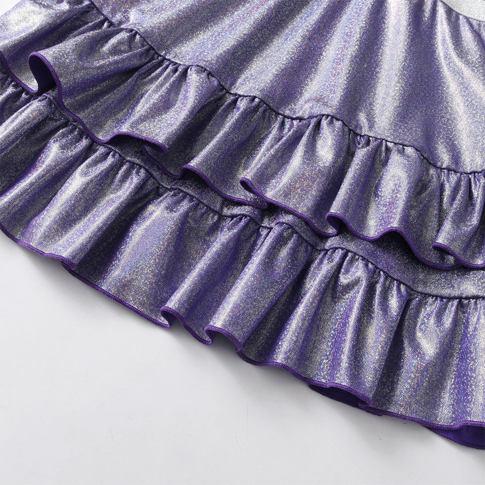Close-up of a purple ruffled skirt on a light gray background