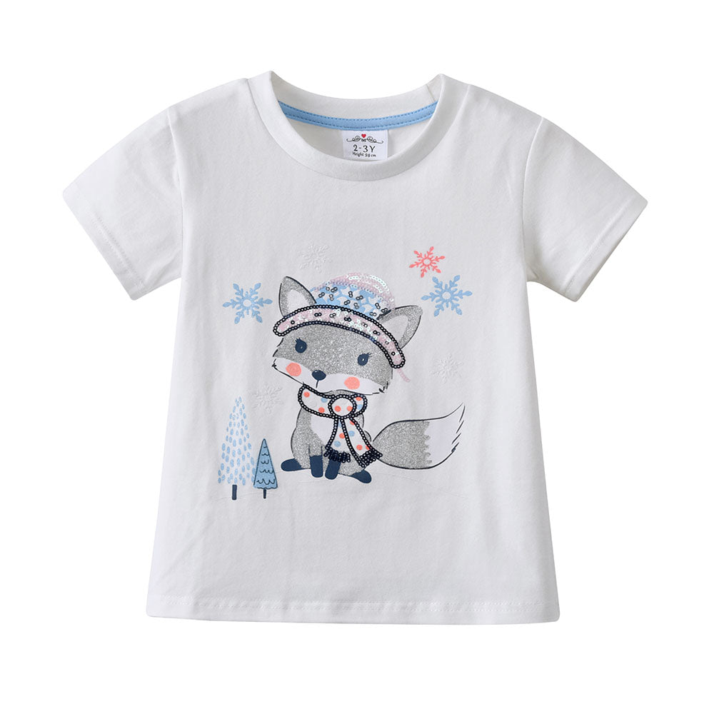 White t-shirt with a fox graphic and snowflake designs on a white background