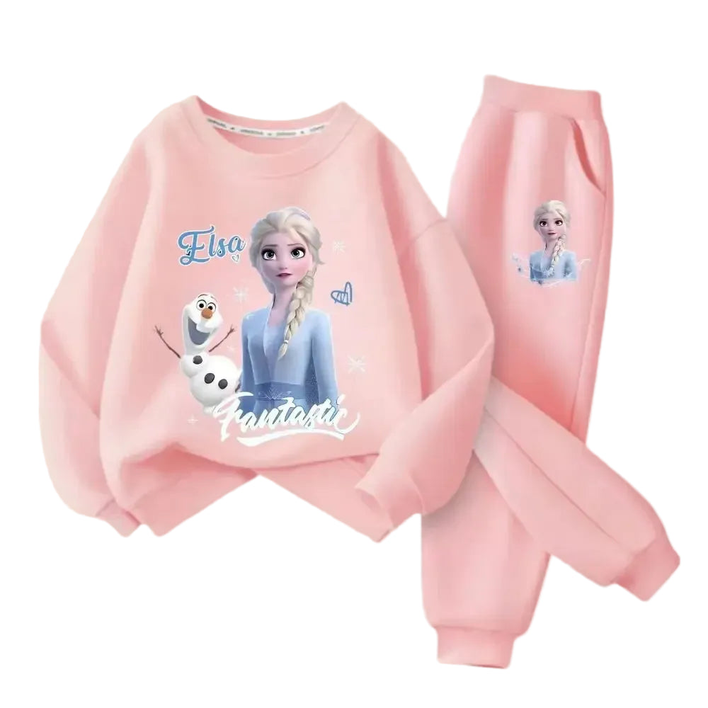 Pink children's outfit with Elsa and Olaf from Frozen on a beige background