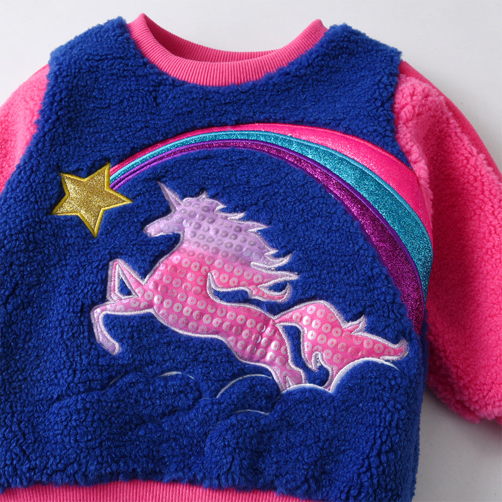 Children's sweater with unicorn and rainbow design on a white background
