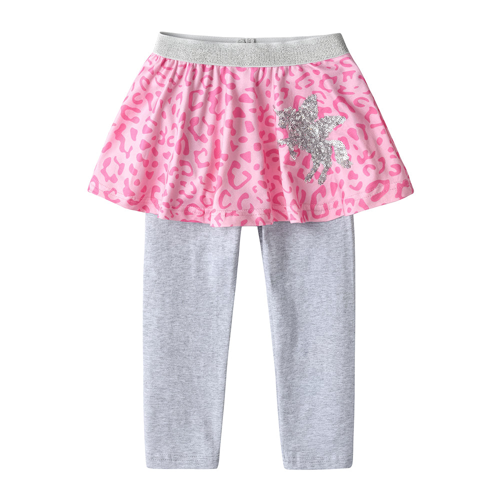 Pink leopard print skirt with gray leggings on a white background