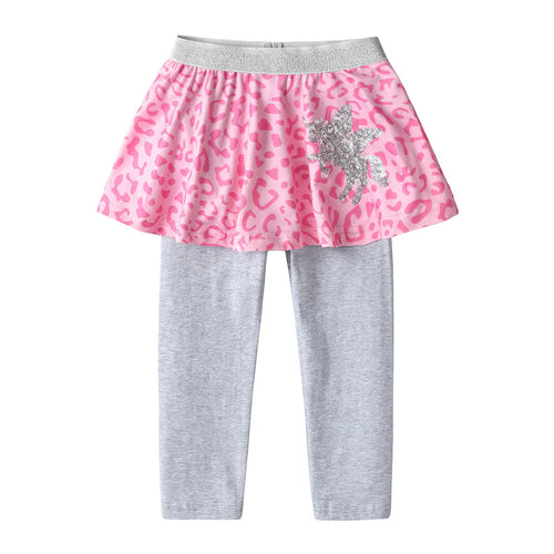 Pink leopard print skirt with gray leggings on a white background