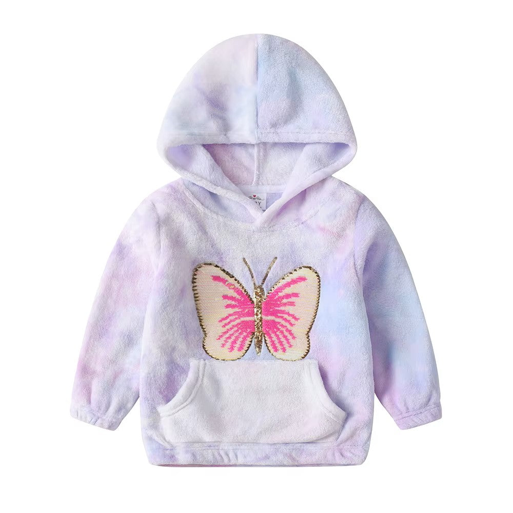 Children's hoodie with a pink butterfly design on a white background