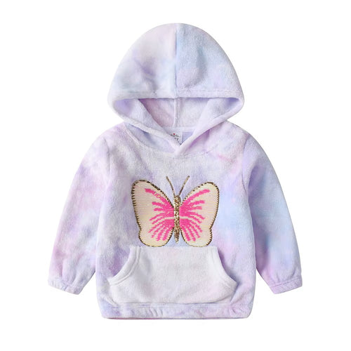 Children's hoodie with a pink butterfly design on a white background