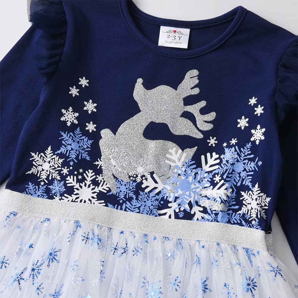 Navy blue dress with silver reindeer and snowflake design on a white background