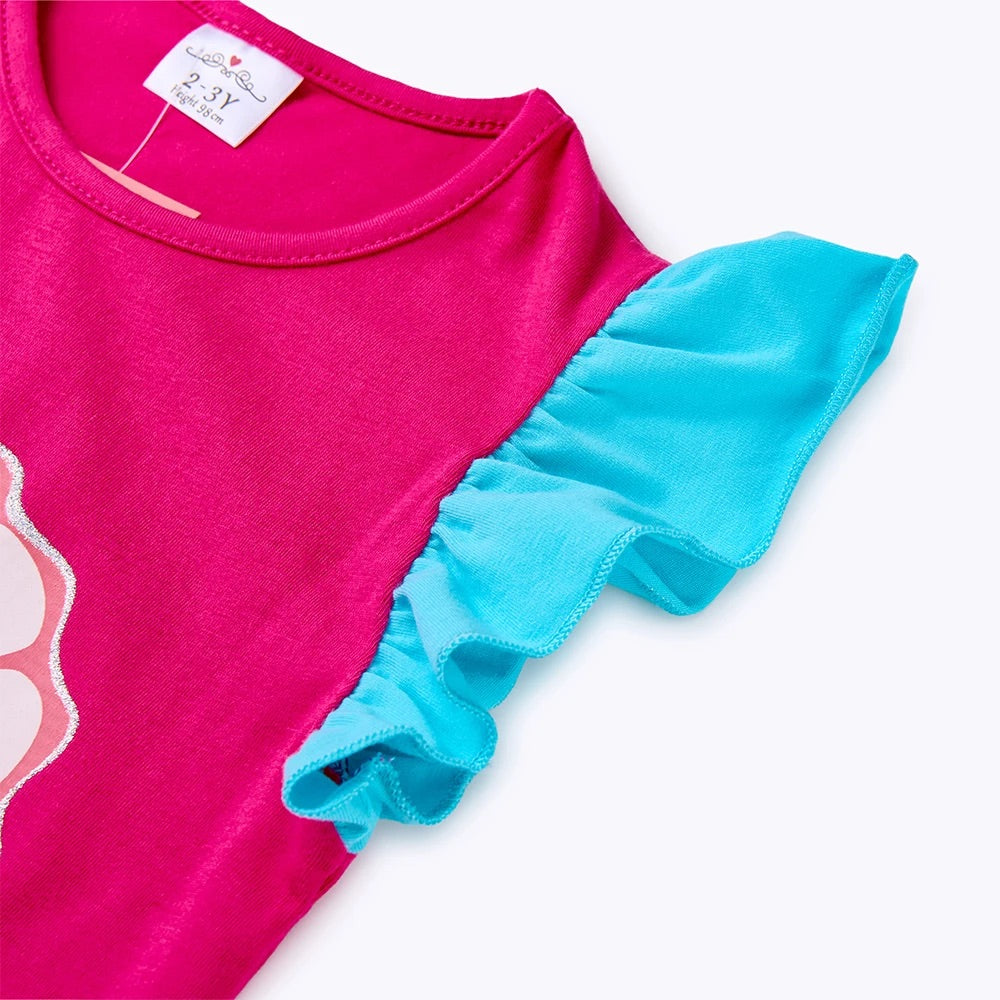 Pink shirt with blue ruffled sleeves on a white background