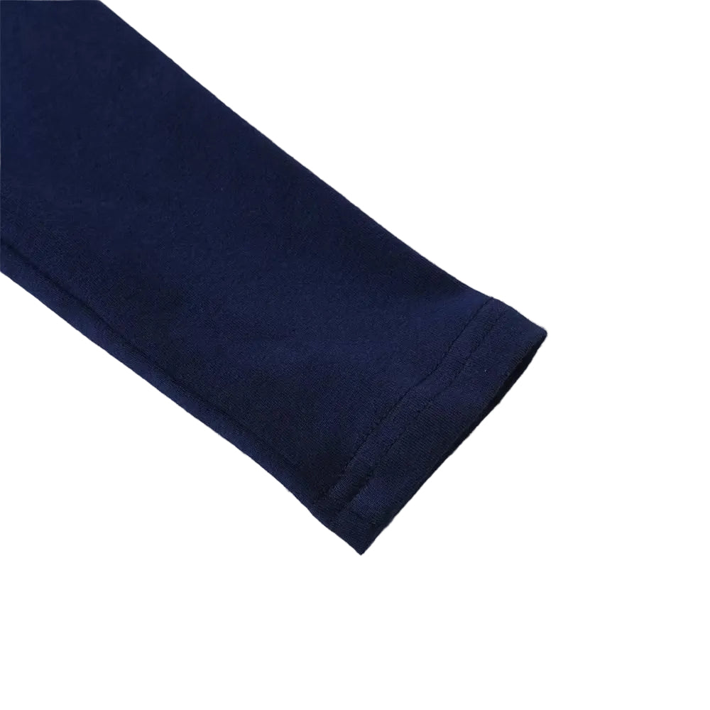 Rolled-up navy blue fabric on a light gray background