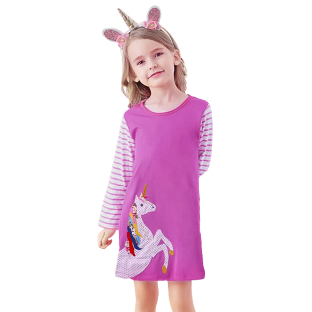 Cotton Long Sleeve Straight Unicorn Dress: Whimsical Comfort