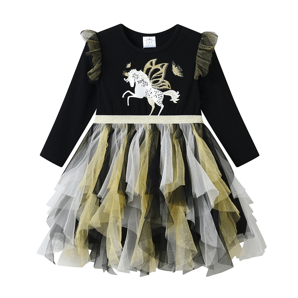 Black & Gold Unicorn Cotton Mesh Dress for Kids