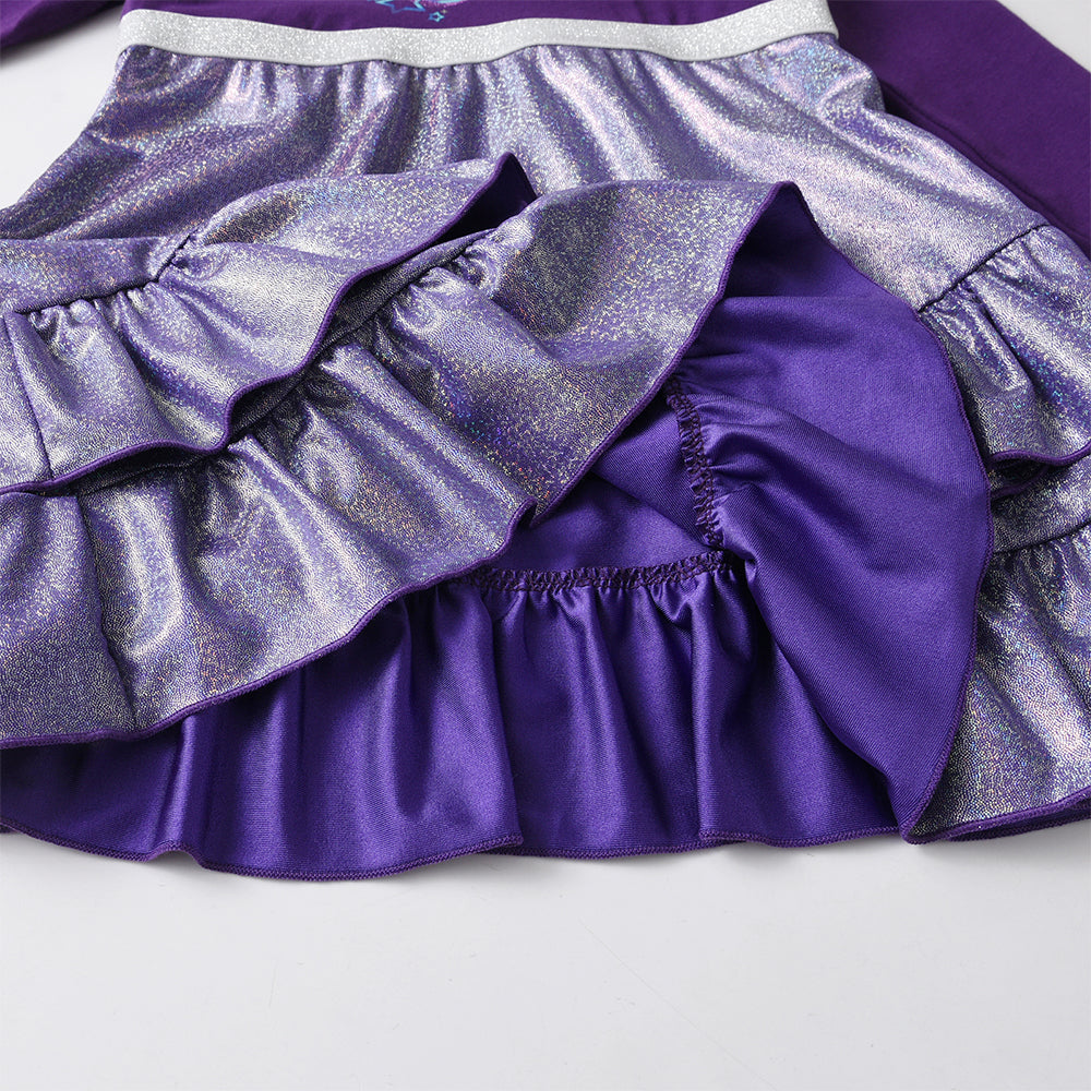 Close-up of a purple skirt with ruffled layers on a white background