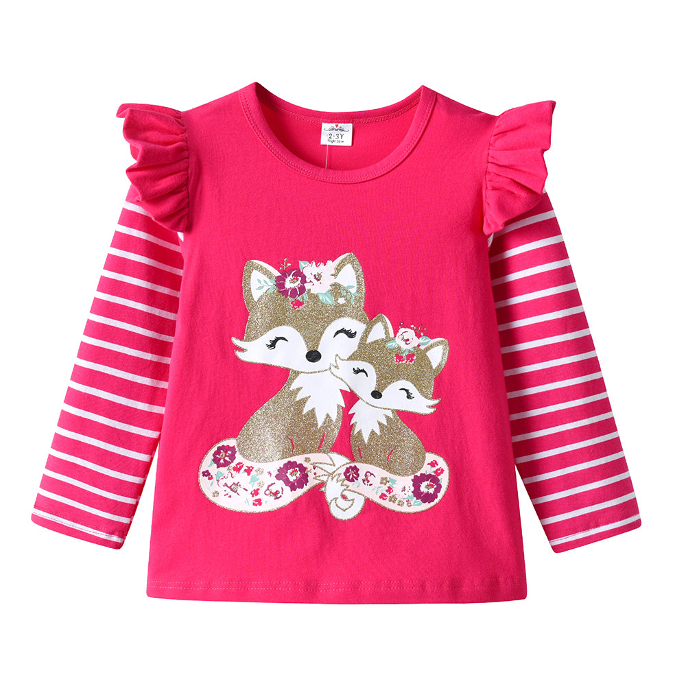 Pink children's shirt with fox design and ruffled sleeves on a white background