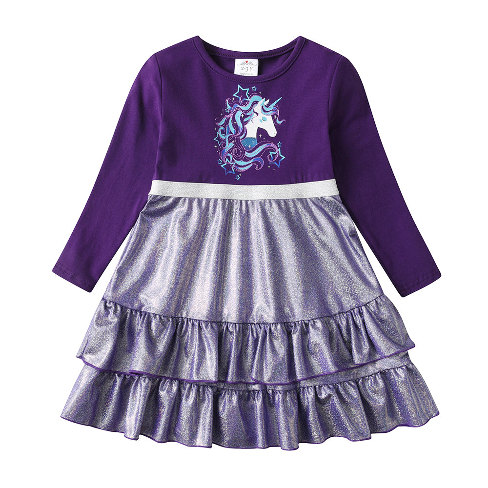 Purple dress with unicorn design on a white background